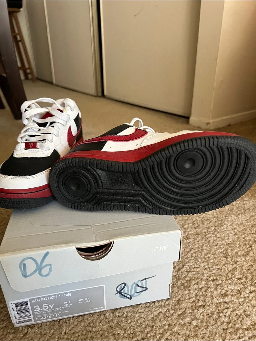 Nike Air Force 1 (GS) White with Black and Red Accents